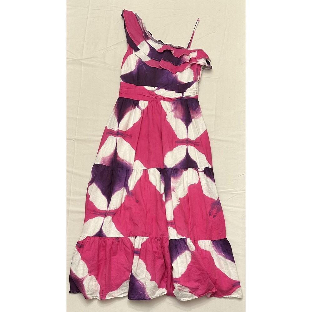 Busayo Batik Linen Tie Dye One Shoulder Maxi Dress Pink Purple Tiered Ruffle 10